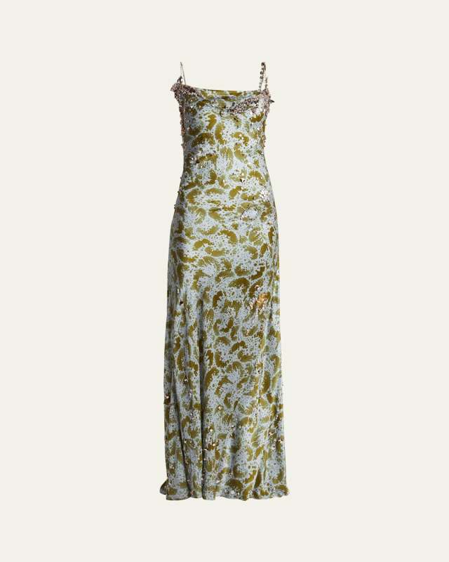 Deryl Cowl-Neck Long Studded Silk Dress